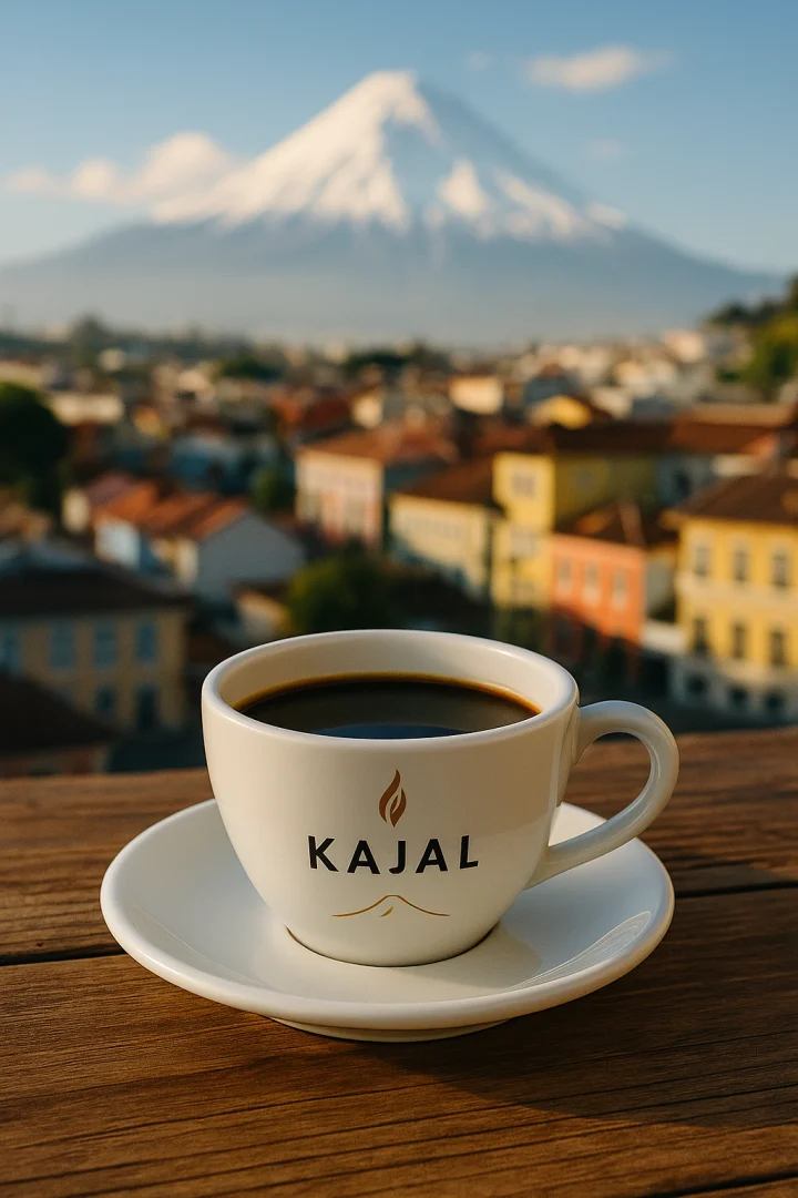 Taza KAJAL servida frente a un volcán